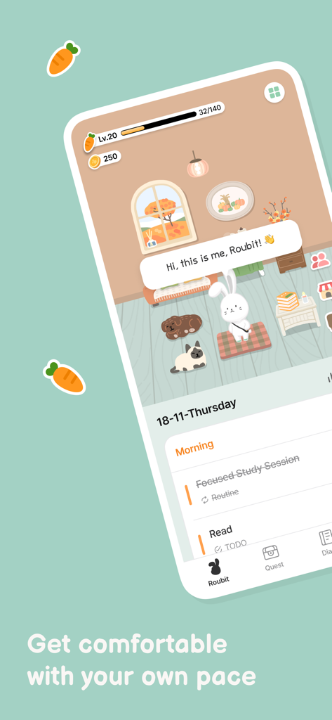 Roubit : Fun Routine Planner - 귀여운 토끼와 사용자 정의 가능한 방, 일일 루틴 목록이 표시된 Roubit 앱 스크린샷.