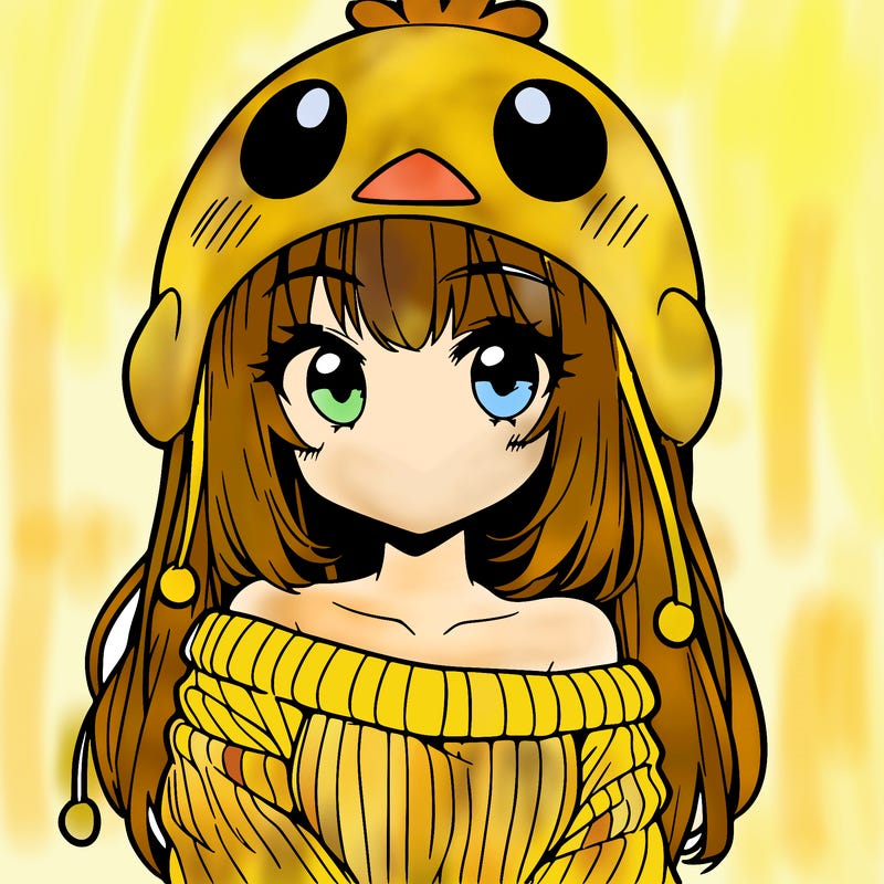 anime girl with chick shaped hat with sweater with bare shoulders with bangs covering them one eye with low tail