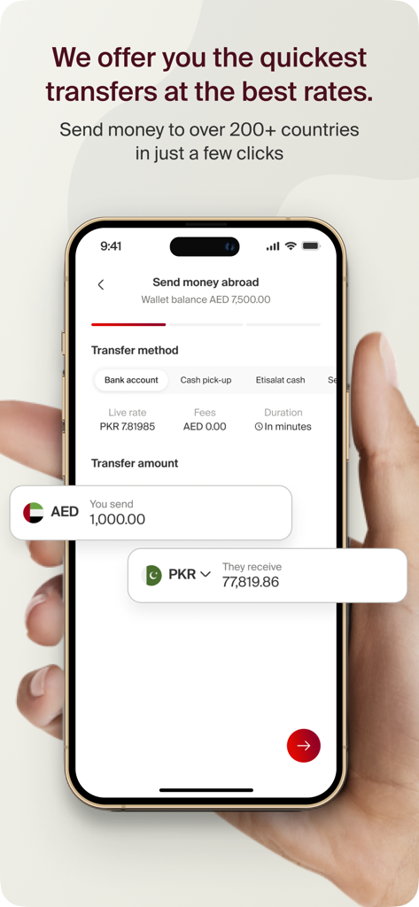 Mobile app interface of e& money UAE showing international money transfer options from AED to PKR with zero fees and live exchange rates.