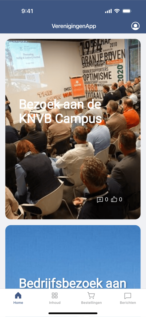 Pantalla de inicio de la aplicación VBN que muestra noticias y eventos para profesionales de la seguridad holandeses, incluida una visita al Campus KNVB.
