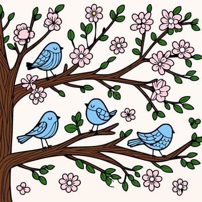 tree branches with birds and flowers