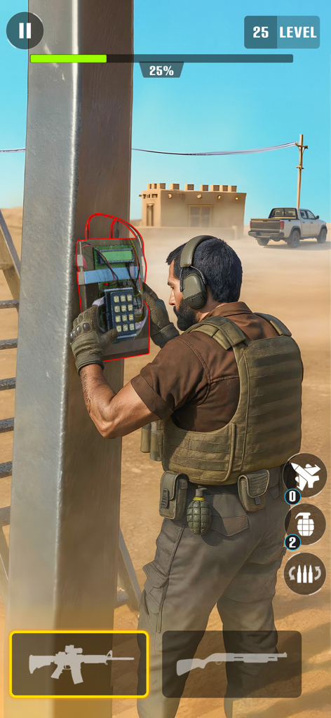 Commando Assault: Gun Shooter - Un soldado colocando un dispositivo explosivo en una misión de combate desértico.