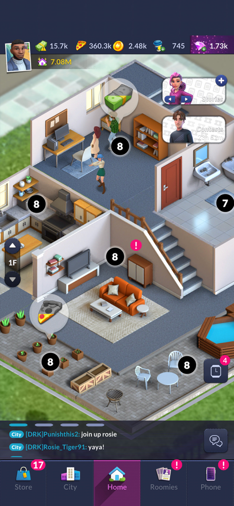 Eine Mehrzimmerwohnung im Single City Social Life Sim, die ein Wohnzimmer und eine Küche zeigt