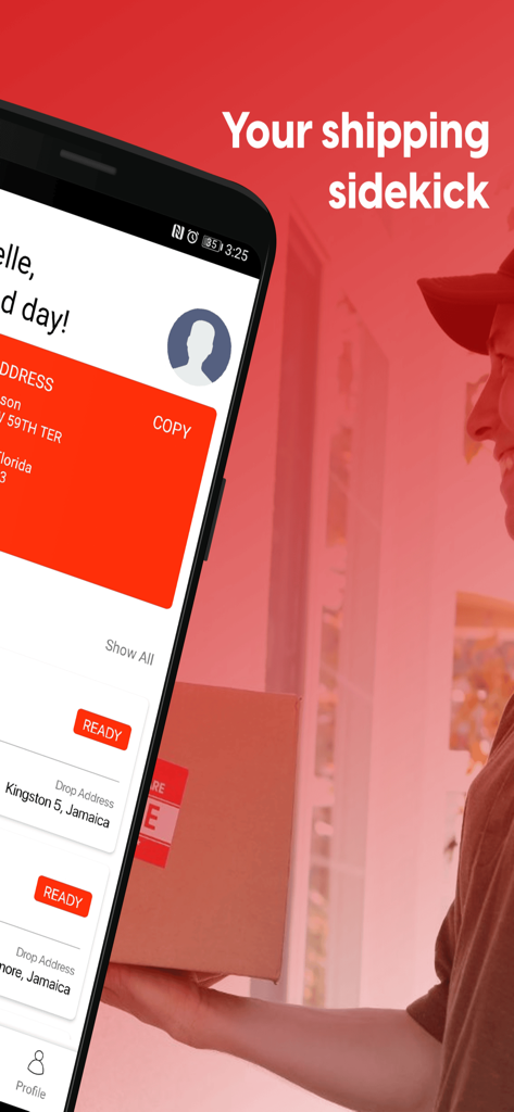 ipCourier - ipCourier mobile app interface showing a US shipping address and package delivery status
