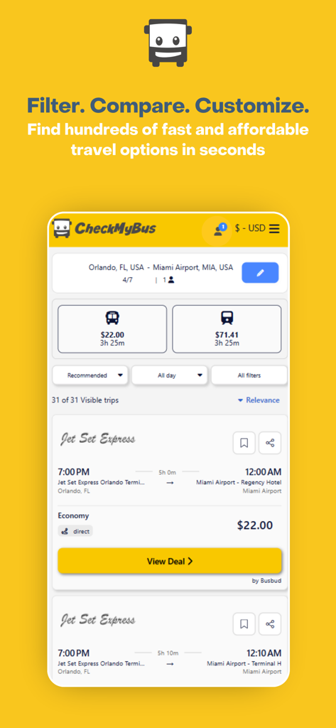 CheckMyBus app interface showing search results for affordable bus tickets between Orlando and Miami.