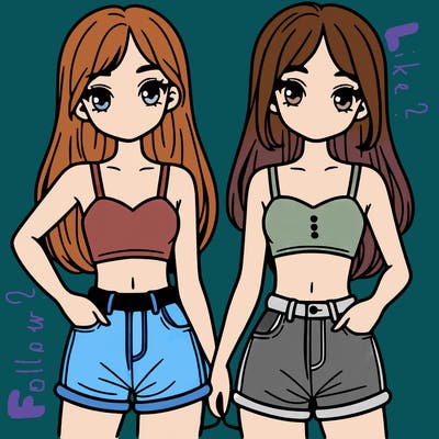 two sisters with crop tops and jean shorts and straight hair