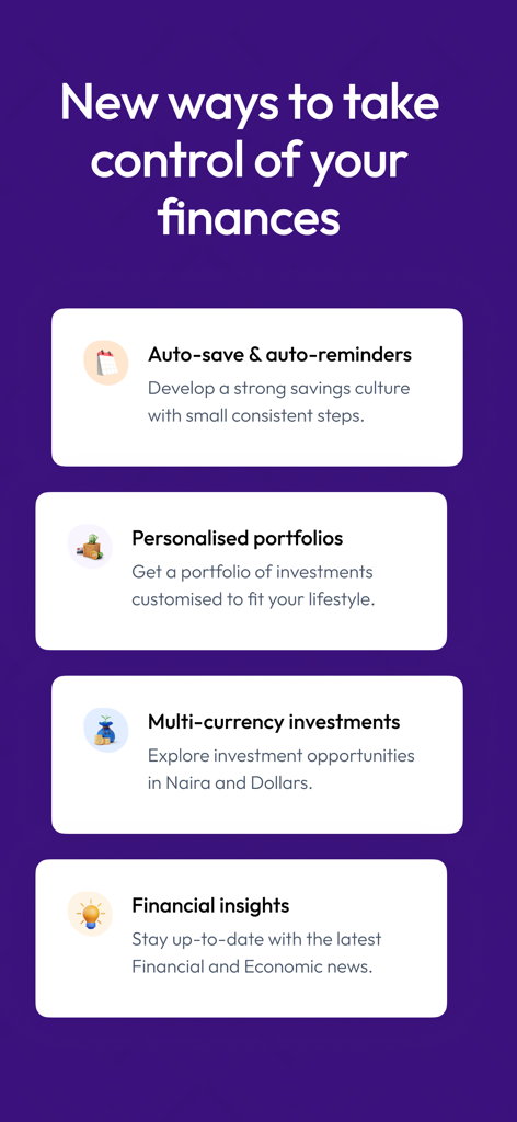 Zedcrest Wealth - Zedcrest Wealth app screen showcasing features like auto-save and multi-currency investments