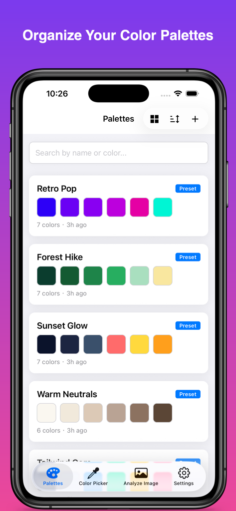 ColorKit – Palette & Picker - Interfaz de la aplicación ColorKit que muestra una lista de paletas de colores guardadas con nombres personalizados y muestras de color hexadecimal