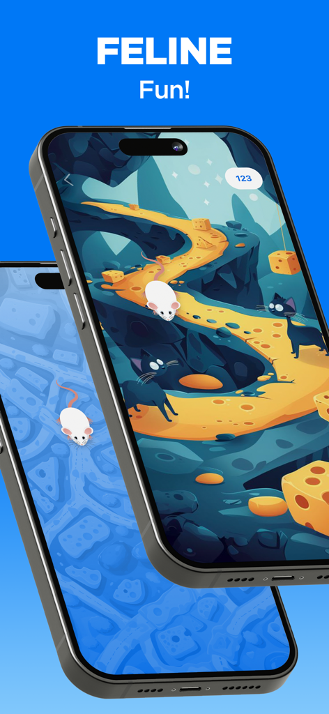 Two iPhones displaying the CatTok mouse game for cats with the text Feline Fun