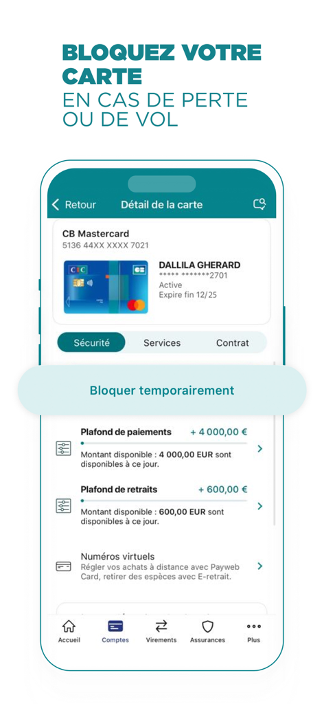 CIC mobile app interface for blocking a bank card and managing spending limits.
