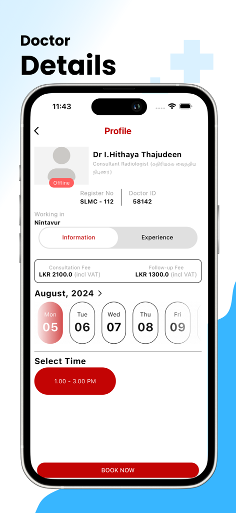 Medica Health Wallet app screen showing a doctor profile and appointment booking interface