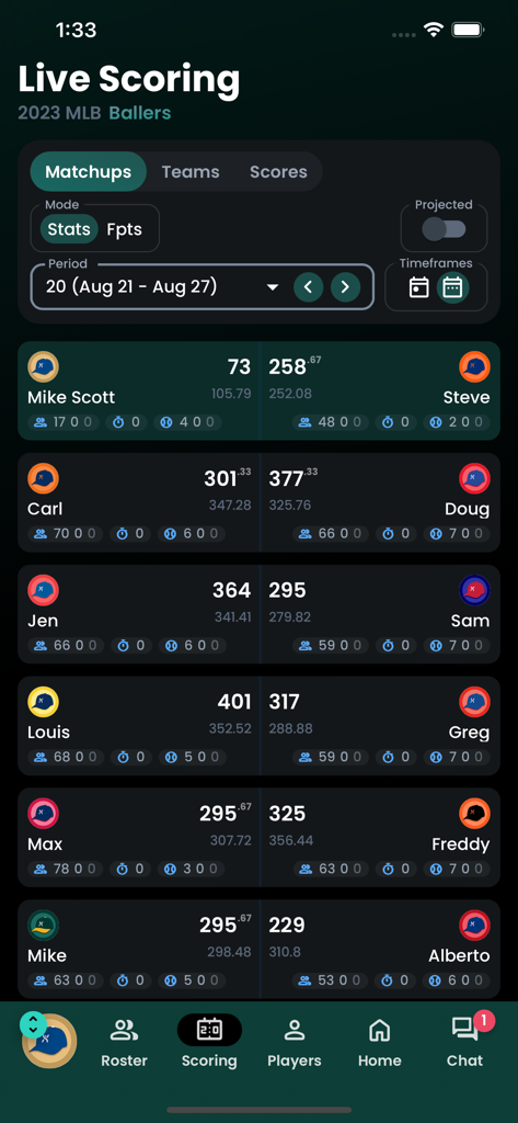 Fantrax Fantasy Sports - Fantrax mobile app interface showing live scoring and matchups for a fantasy MLB league.