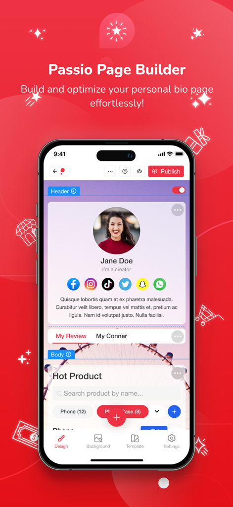 Ecomobi Passio - Mobile interface of the Ecomobi Passio app showing a creator bio page being built with social media links and a product catalog