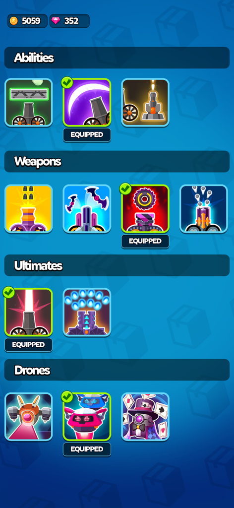 A game menu for Ball Blast Cannon Blitz Mania showing upgrade options for abilities weapons ultimates and drones