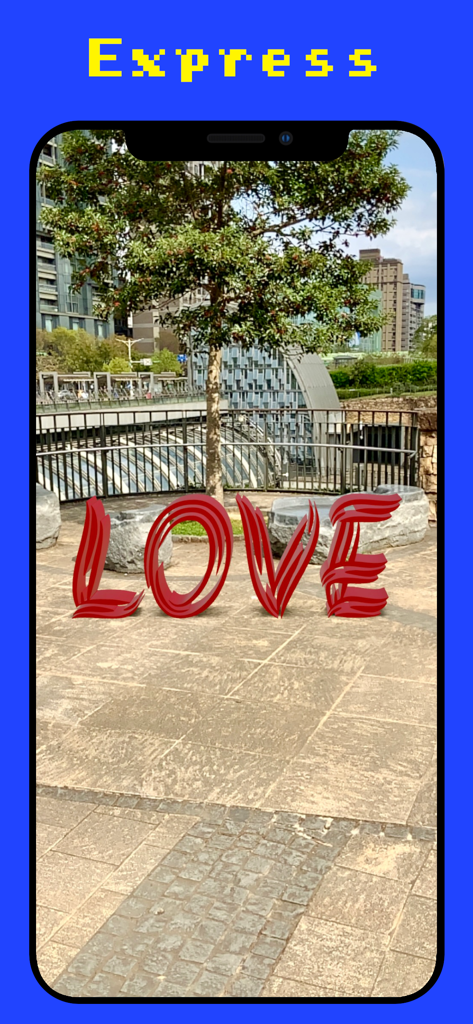 公園の屋外の現実世界に配置された、LOVEと書かれた赤い3D拡張現実テキスト