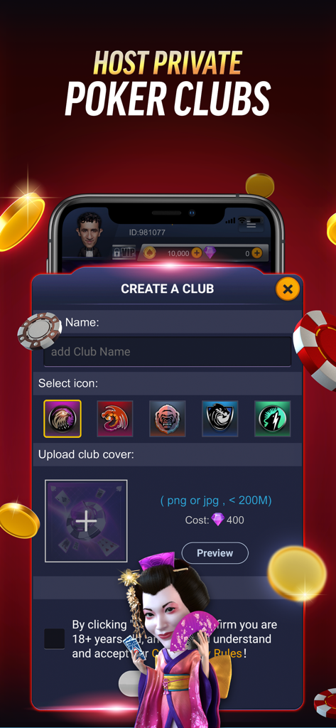 Interfaz para crear y organizar un club de póker privado en la aplicación PokerBROS