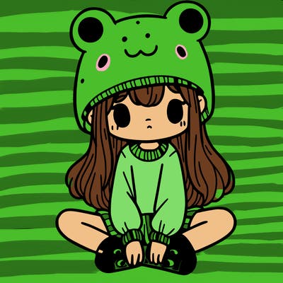 a girl wearing a frog hat and some frog socks