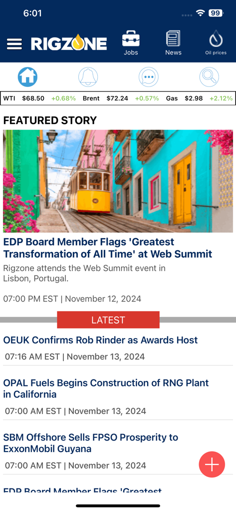The Rigzone mobile app dashboard displaying energy sector news and global oil prices.