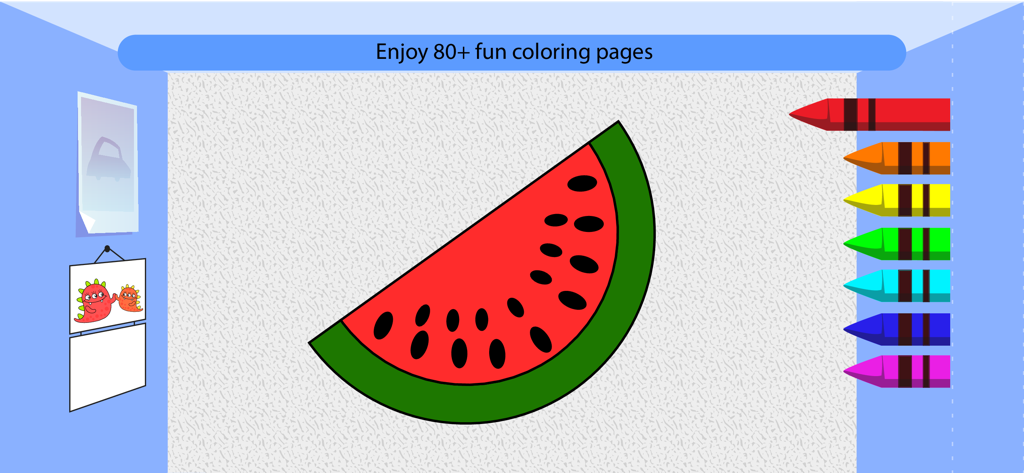 Toddler coloring game featuring a watermelon slice and vibrant crayons