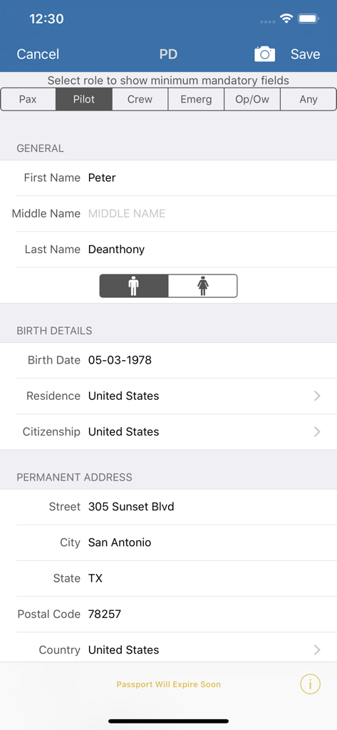 FlashPass app screen showing the pilot information input form for flight manifests