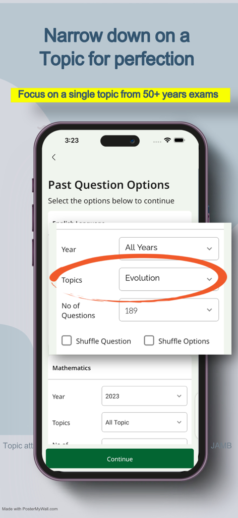 Interface of the JAMB CBT practice app showing topic selection for targeted exam study