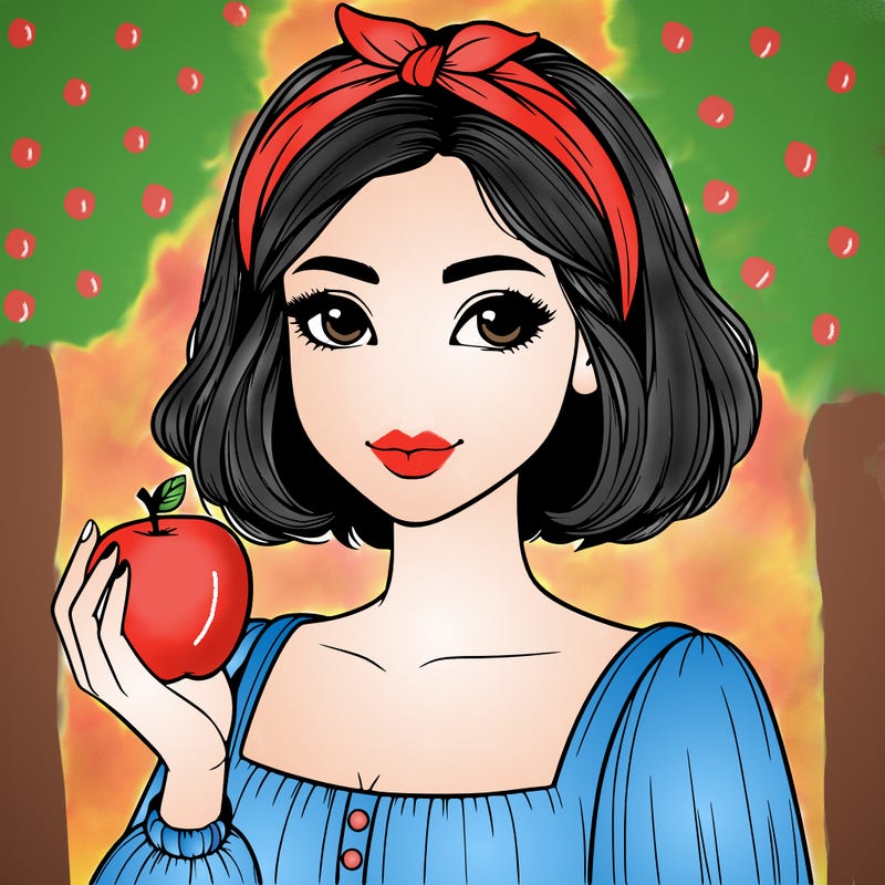 a woman with medium short hair, wearing a headband with a small bow, carrying an apple in her hand, realistic