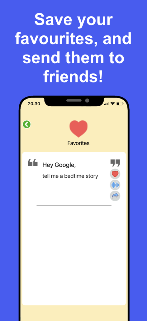 iPhone-Bildschirm, der den Favoritenbereich der Ask for Google Assistant App mit einem Gute-Nacht-Geschichten-Befehl anzeigt