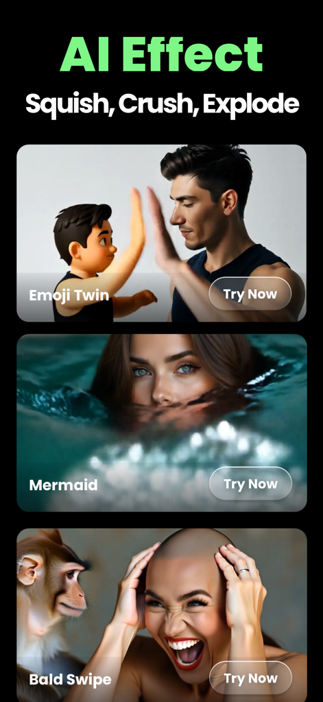 Interfaz de la aplicación PixVideo AI mostrando diferentes efectos de vídeo creativos, incluyendo Emoji Twin Mermaid y Bald Swipe.