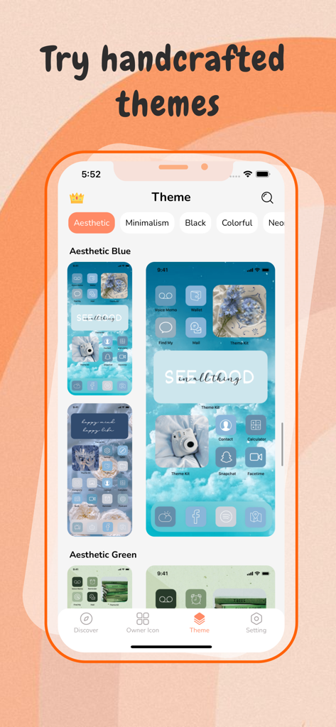 Icon Changer - Aesthetic OS 17 - App screen displaying various handcrafted aesthetic themes for iPhone with custom icons and widgets.