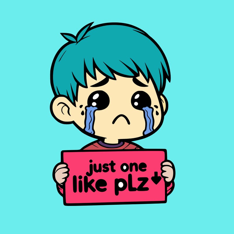 realistic crying boy with a sign saying just one like plz
