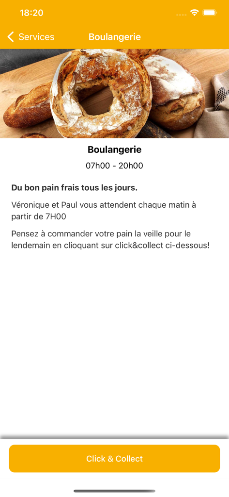 Cool'n Camp - Bakery service details in the Cool n Camp app with Click and Collect option