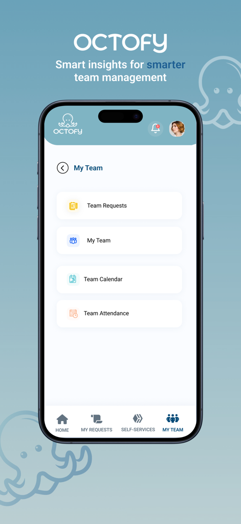 Octofy - Interface do aplicativo móvel Octofy mostrando a seção Minha Equipe com opções para solicitações de equipe e presença