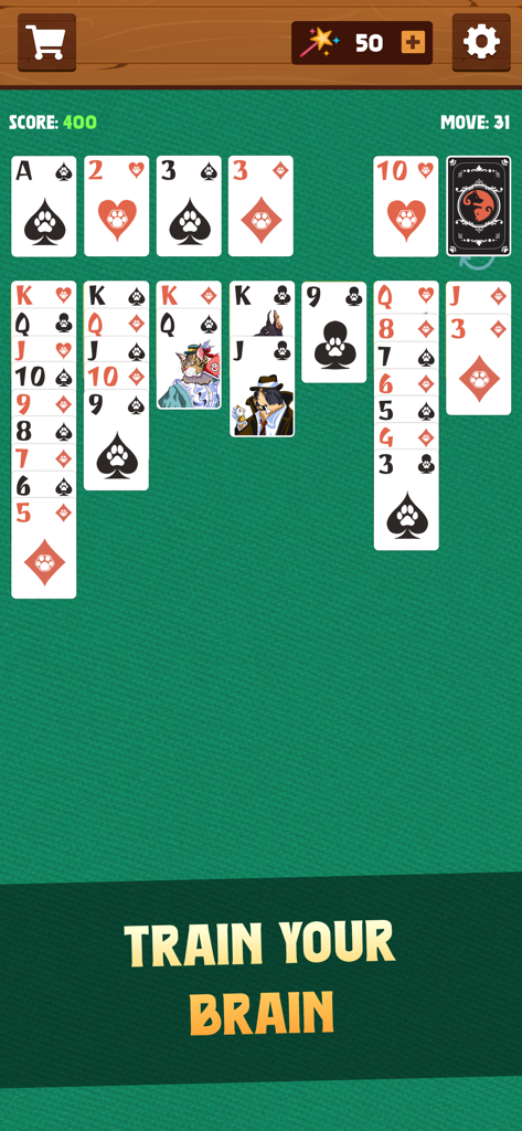 Solitaire classic card game interface with character illustrated cards and a Train Your Brain message on a green background.