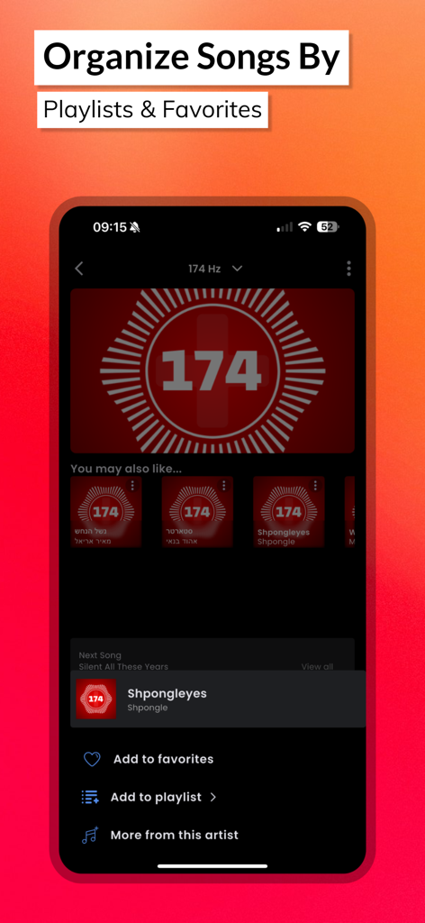 174 Player Plus - 174 Player Plus app interface showing options to organize songs into playlists and favorites