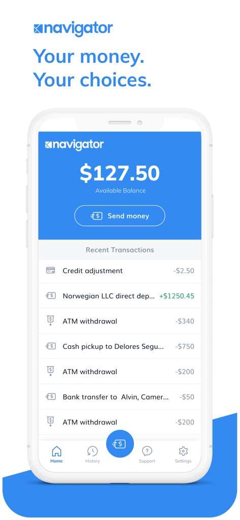 Startbildschirm der mobilen App Brightwell Navigator, der den verfügbaren Saldo und den Verlauf der letzten Transaktionen für maritime Besatzungen anzeigt.
