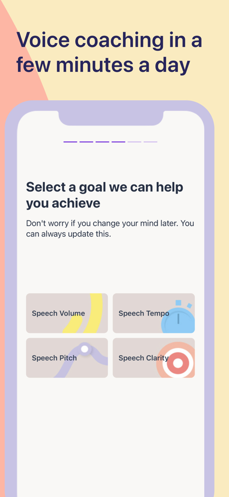 Astound app screen for selecting voice coaching goals like speech volume tempo pitch and clarity