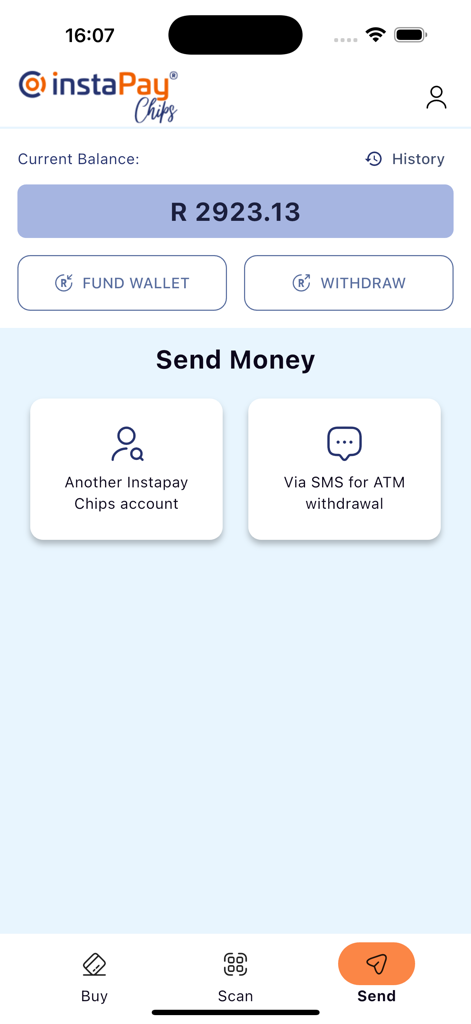 Instapay Chips - InstaPay Chipsモバイルアプリのインターフェース。現在の残高と送金または出金オプションが表示されています。