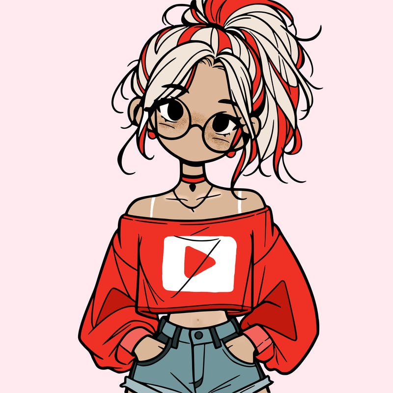 girl with a messy ponytail glasses a baggy crop top and jean shorts