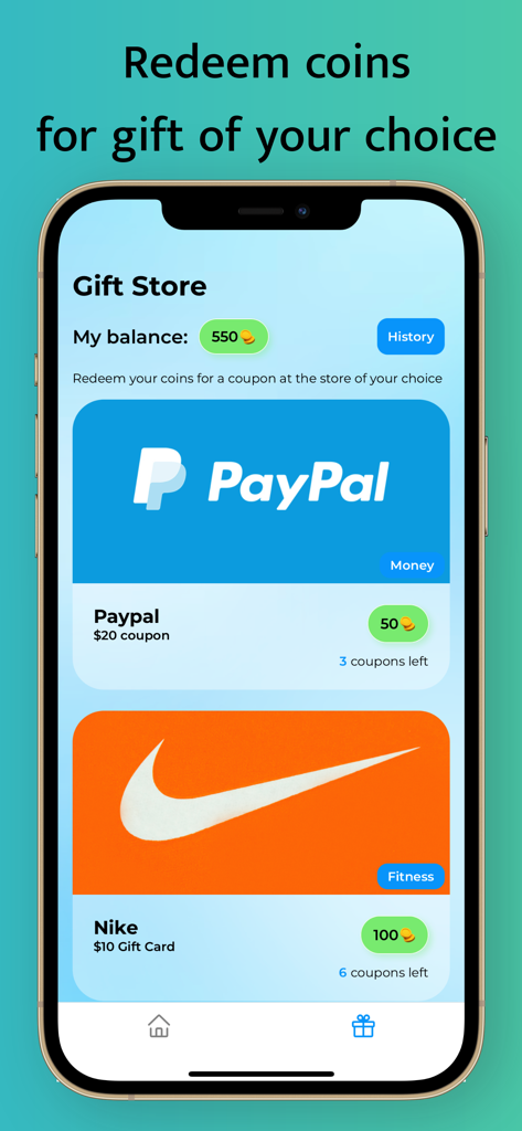 Walk Earn Step Counter Walkify - Interfaz de la tienda de regalos de la aplicación Walkify mostrando recompensas de tarjetas de regalo de PayPal y Nike