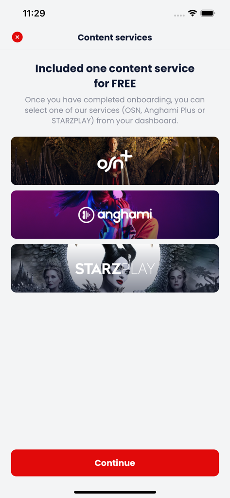 Virgin Mobile KSA - Virgin Mobile KSA app screen offering a free content service choice between OSN plus, Anghami, or STARZPLAY