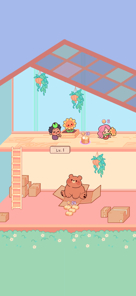 Adorable Garden - Personajes adorables cuidando un girasol y un oso sentado en una caja de cartón dentro de un acogedor vivero interior