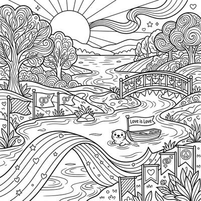 Dive into a beautiful celebration of love with our Freshwater Lakes Pride coloring page. This intricate design blends serene natural beauty with vibrant symbols of Pride Month for a truly joyful experience.