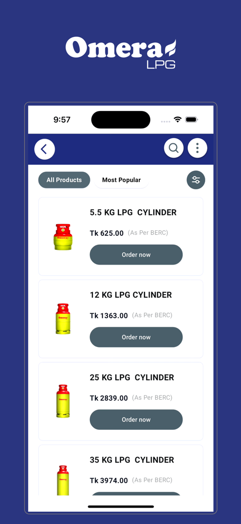 LPG Solutions - Omera LPG app screen displaying different sizes of gas cylinders and their prices
