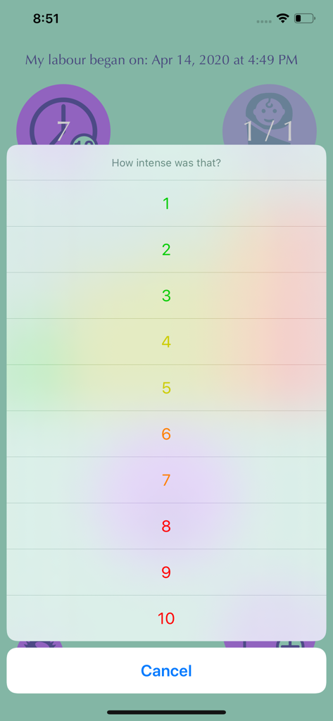 Mobile app screen showing a numbered scale from 1 to 10 to rate contraction intensity during labor