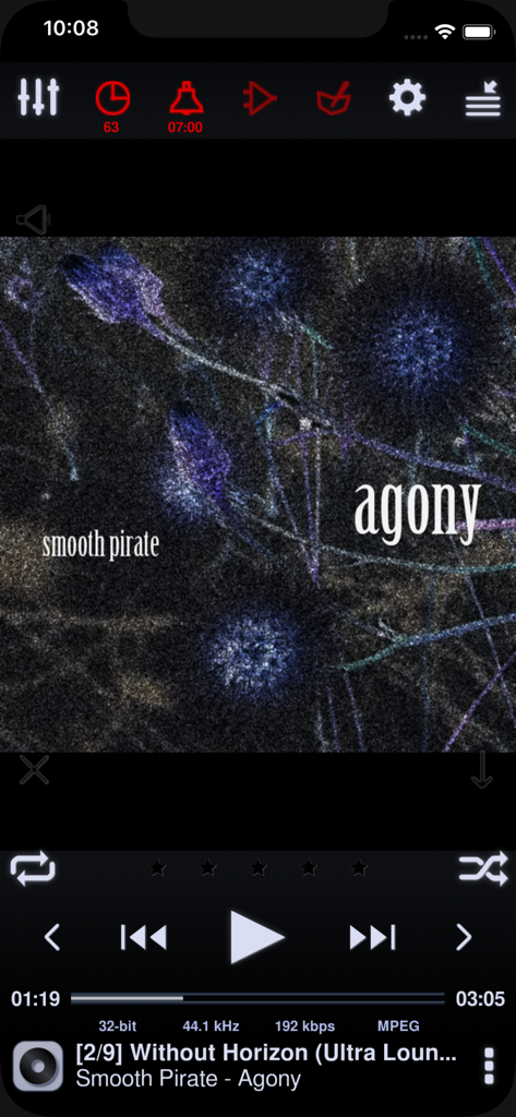 Interface de reprodução do Neutron Music Player mostrando especificações técnicas de áudio e arte do álbum.