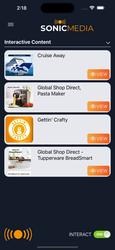 SonicMedia - SonicMedia-App-Oberfläche, die eine Liste interaktiver Einkaufsangebote und Produkte anzeigt