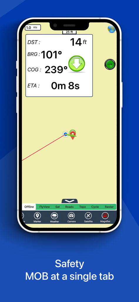 Flytomap All in One HD Charts - Mobile interface of Flytomap showing marine navigation metrics and a Man Overboard safety button