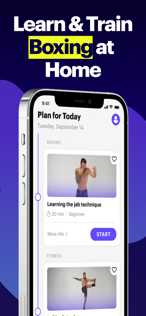 BXNG: Home Boxing Workouts App - Pantalla de la aplicación BXNG que muestra un plan de entrenamiento de boxeo y fitness diario personalizado para entrenamiento en casa