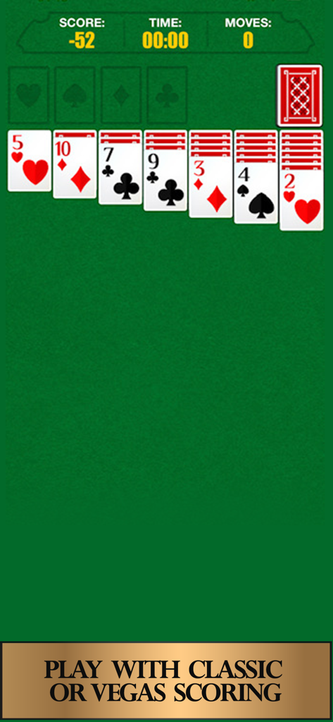 Un écran de jeu mobile pour Solitaire Classic présentant des cartes claires et des options pour le score classique ou Vegas.