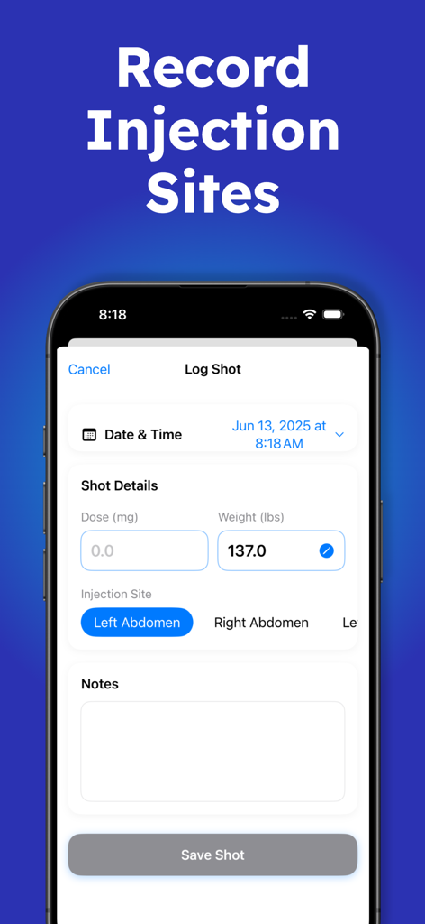 Dose AI - GLP1 Tracker - Interface of the Dose AI app showing a log screen for recording GLP1 injection sites and dosages.